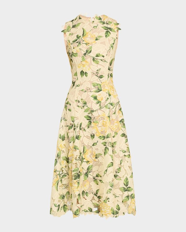 Sleeveless Printed Garden Rose Guipure A-Line Dress